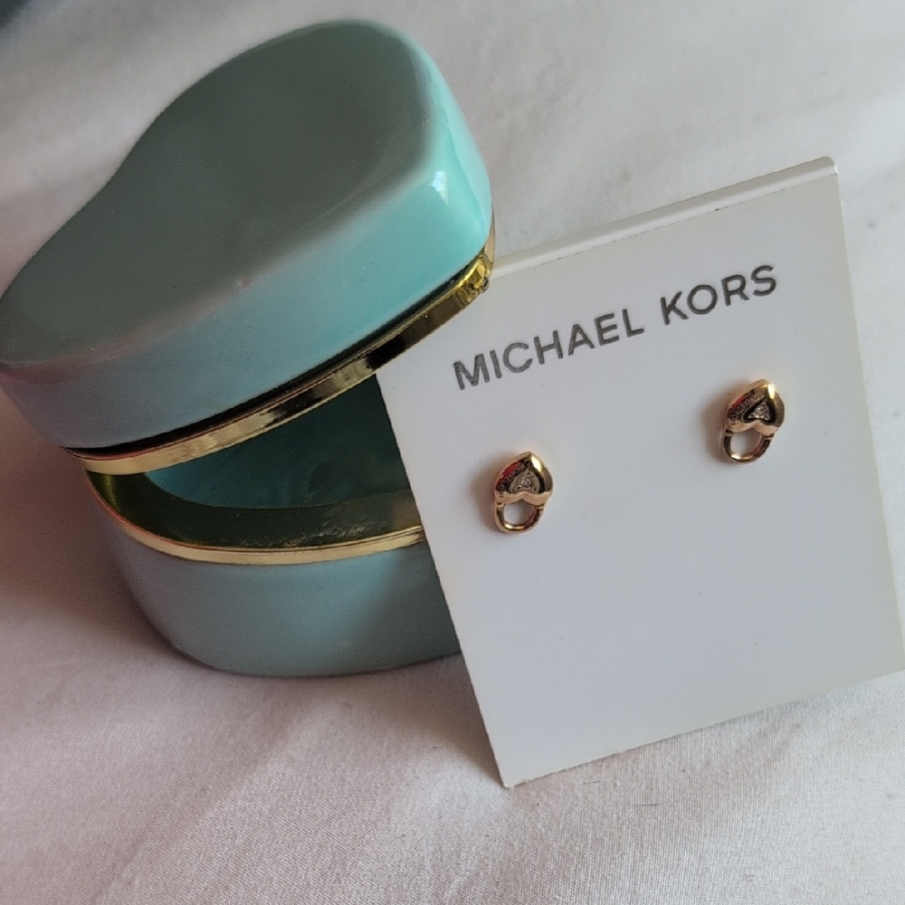 Michael Kors Gold Heart Lock Stud Earrings with Turquoise Trinket Box